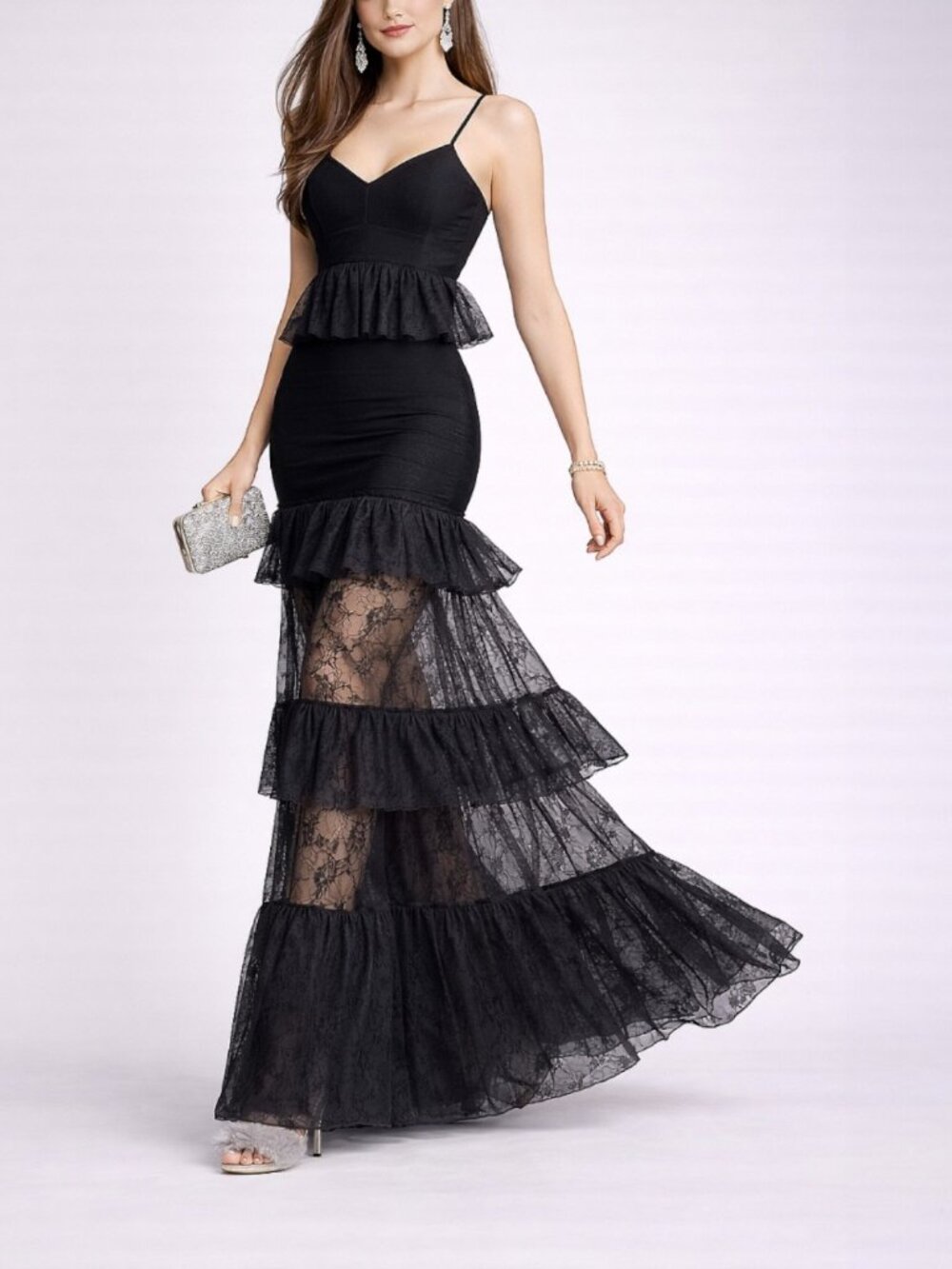 Tiered Lace Spliced Sheer Evening Gown Boutique Ruffle Bandage Maxi Dress S & L
